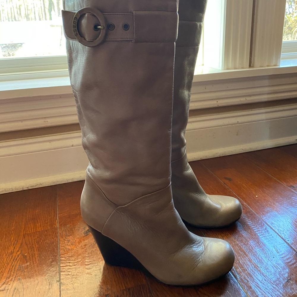 Guess leather taupe colored wedge boots